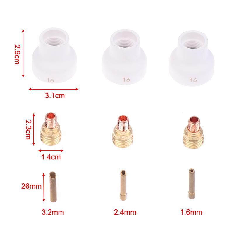 3 Stück Schweißbrenner WP9 20 25 Stubby Spannhülsenkörper Gaslinsen-Sets WIG Schweißen #16 1.6/2.4/3.2MM Weiße Keramikdüse Alumina-Tasse Kit