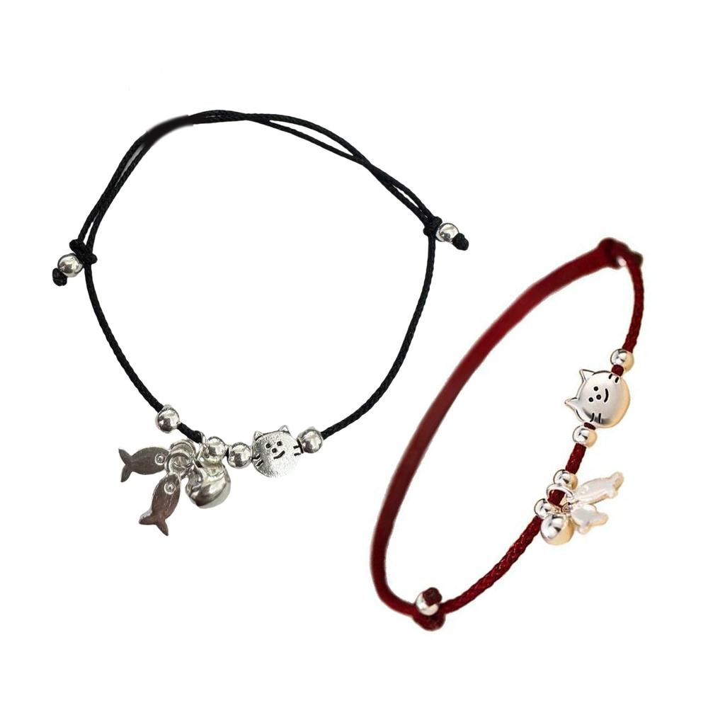 Pack Of 2 Matching Cat And Fish Design Red Black Cord Bracelets Handcrafted Wrist Chain For Couples Friends