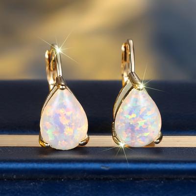 Fashion Water Drop White Fire Opal Hoop Earrings for Women Luxury Gold Color Circle Buckle Earrings Wedding Jewelry