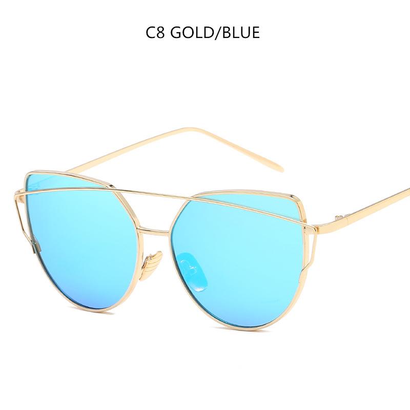 New Cat Eye Vintage Brand Designer Gold Mirror Sunglasses For Women Metal Reflective Flat Lens Sun Glasses Uv400 Eyewear