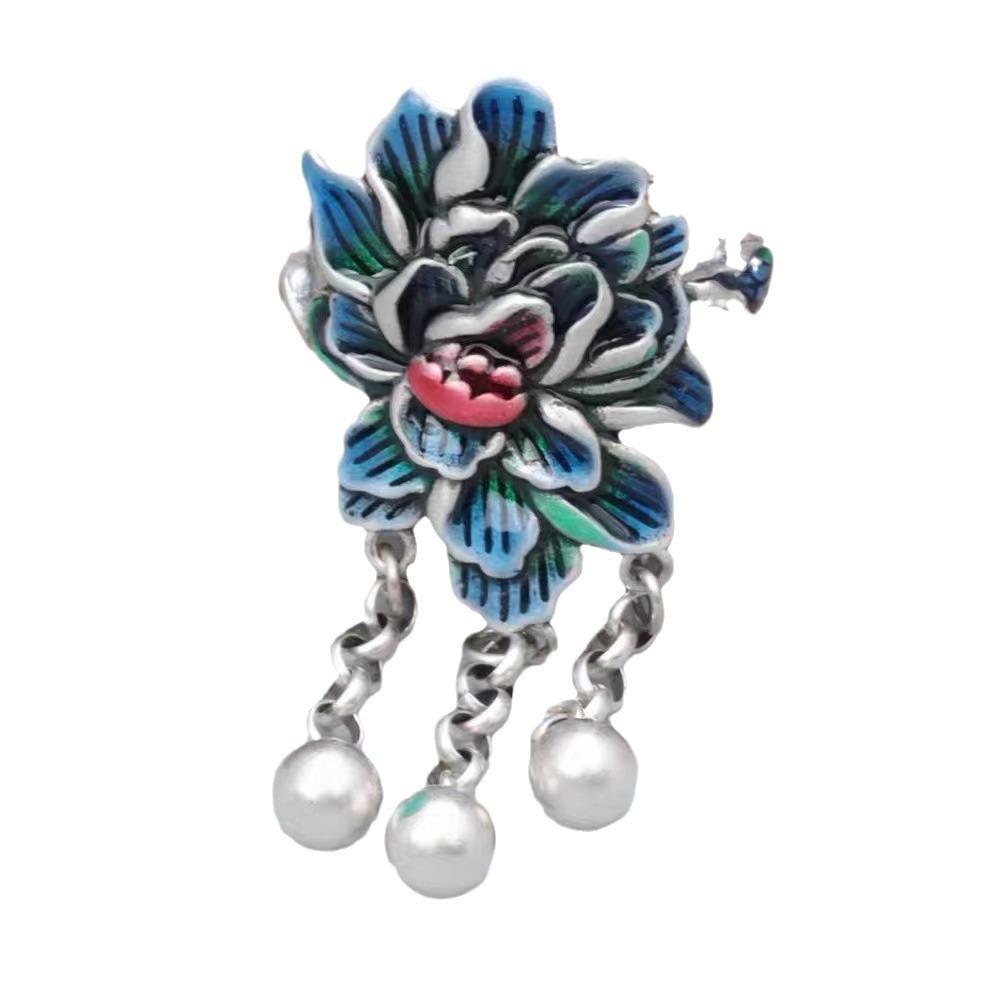 S925 Sterling Silver Cloisonné Lotus Ring: Blue Retro Chinese Style Ethnic Jewelry