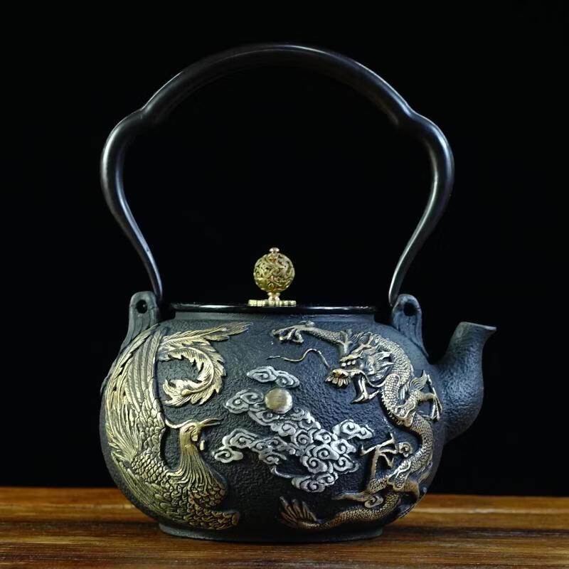 Chaxun Gilded Dragon Phoenix Iron Teapot with Three-Bend Handle, 1200ml
