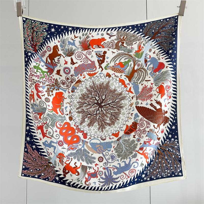 Old Qian Feng silk scarf, women's mulberry silk double crepe temperament printing versatile Chinese square scarf, outer scarf shawl