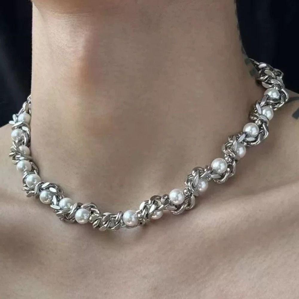 Personalized Pearl Necklace Punk Stainless Steel Necklace Unique Choker Men  Women