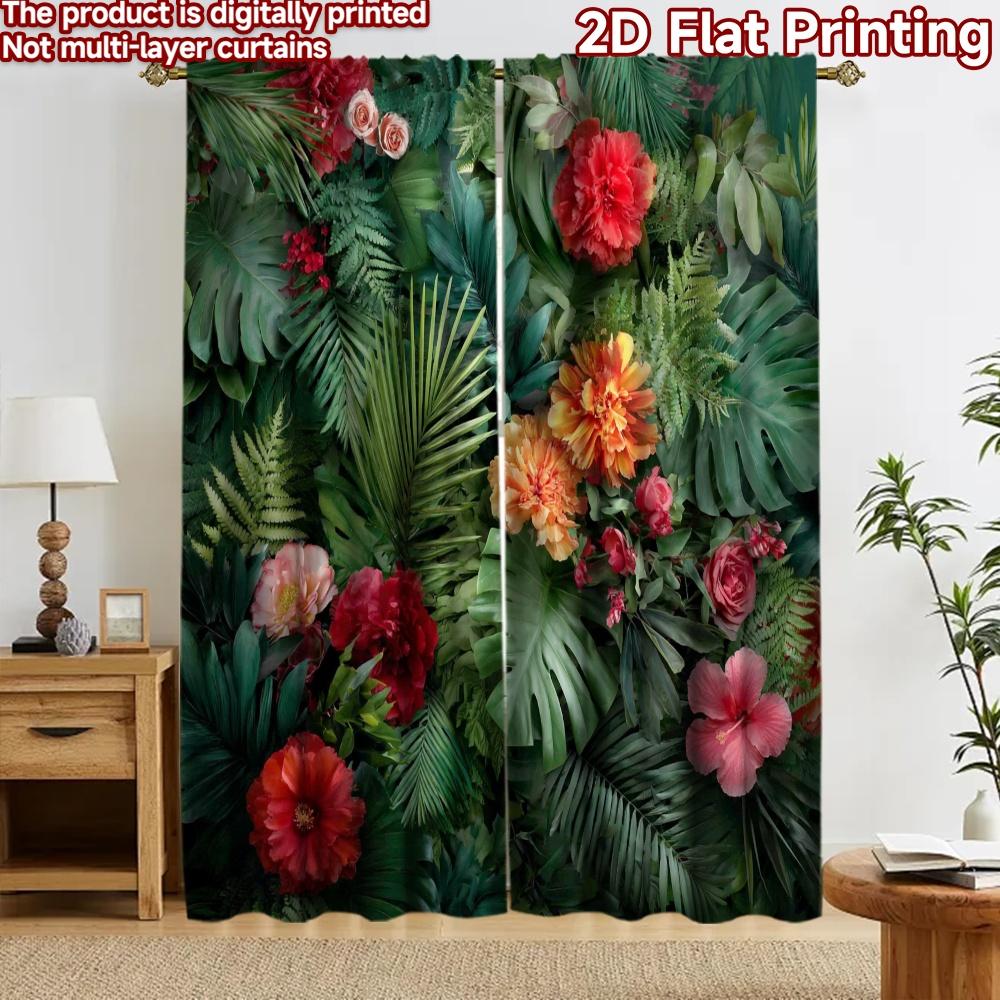 2D Flat Printing 2pcs Curtain Drapes Tropical Jungle Leaves Digital Printed Polyester Drapes Festive Holiday Perfect for Indoor