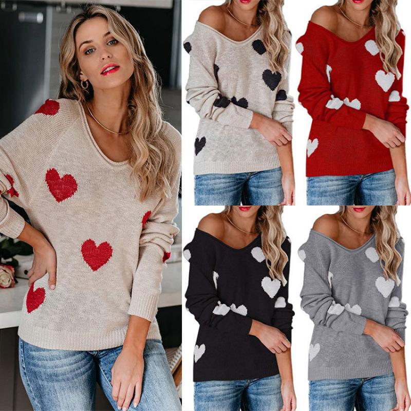 Ladies Autumn Winter Long Sleeve V Neck Pullover Love Heart Loose Knitted Sweater Knitwear Top