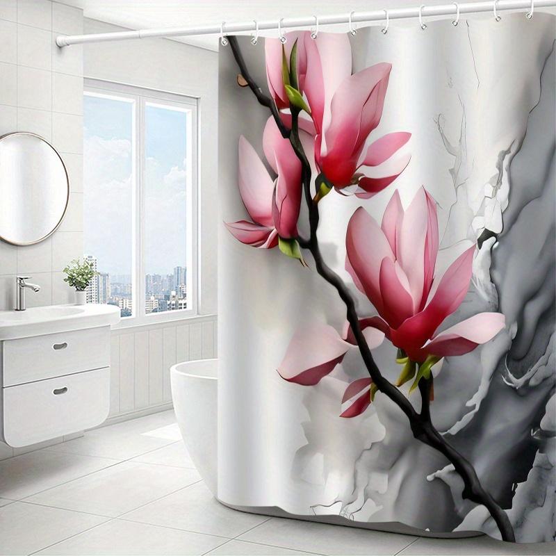 1Pc Pink Floral Print Shower Curtain, Polyester Fabric, Machine Washable, With Hooks, Suitable For Bathroom Decoration