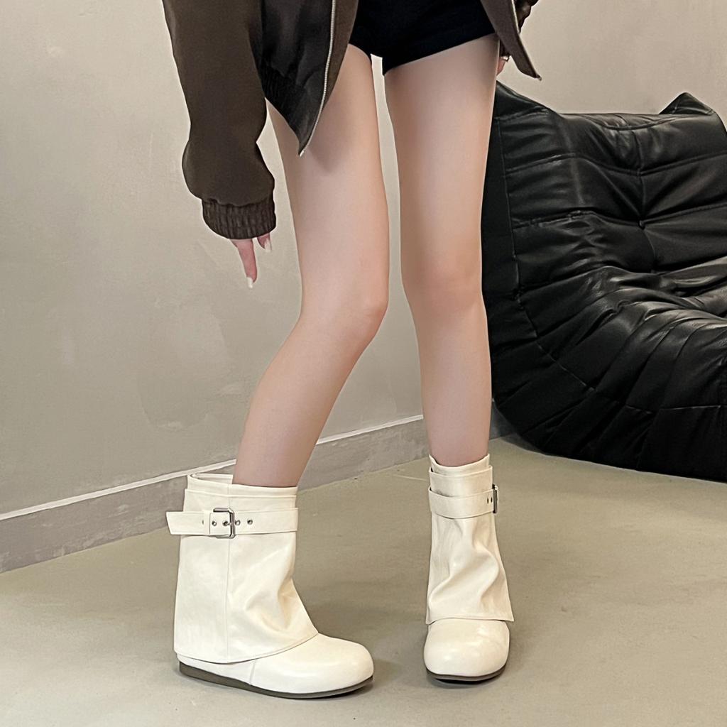 Design belt buckle solid color knight boots women's autumn and winter new one-pedal round head medium tube trend short boots