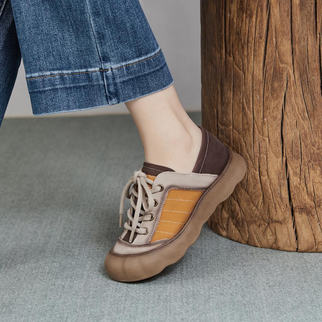 Johnature Genuine Leather Mixed Colors Casual Shoes Versatile Soft Soled Lace-up Flat Women's Shoes