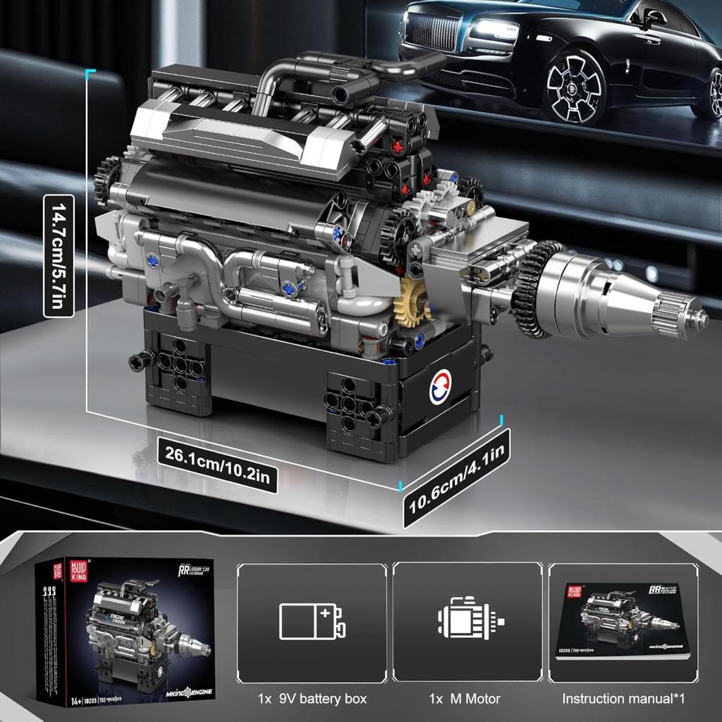 Mould King 10205 V12 Engine Building Working Car Engine STEM Educational DIY Engineering Gift for Adults and Kids Blocks, 733+ Pieces, Model, Kit,