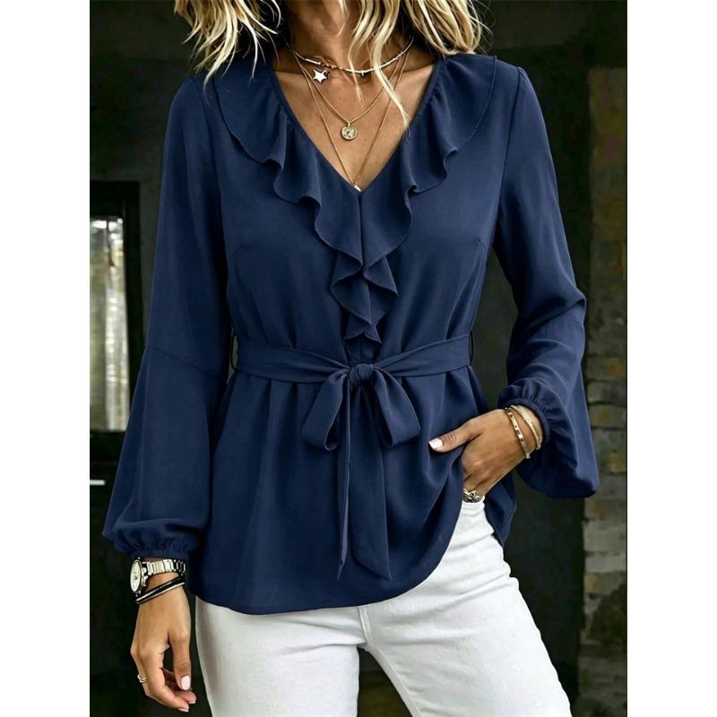 Women S V Neck Long Sleeve Lantern Shirt With Ruffle Tie Waist Solid Color Casual Blouse