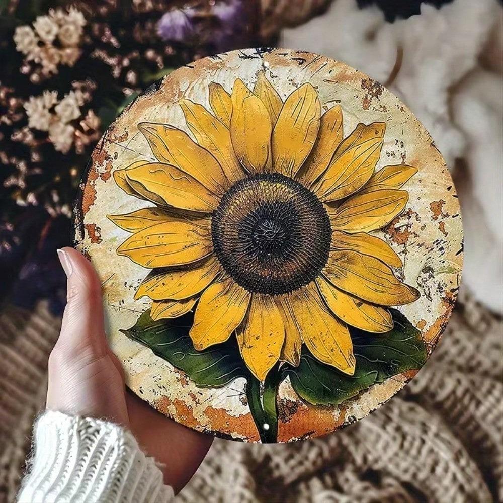 Vintage Sunflower Wreath Metal Wall Art Decor Waterproof Durable Aluminum Decoration