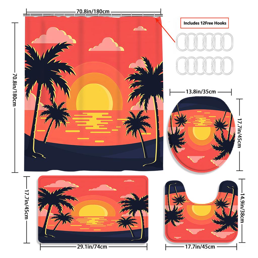 Coconut Tree Decorative Shower Curtain Bathroom Set - Machine Washable, With 12 Hooks, Including Toilet Seat Cover And Bathtub