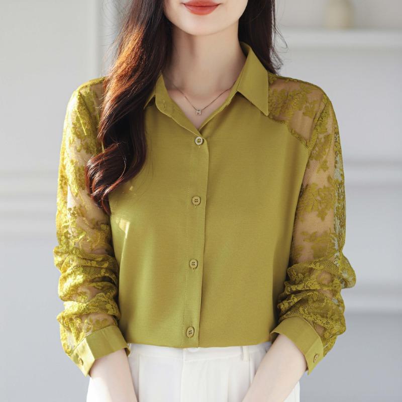 Western Style Women's Collar Lace Patchwork Chiffon Shirt Top Cardigan Shirt