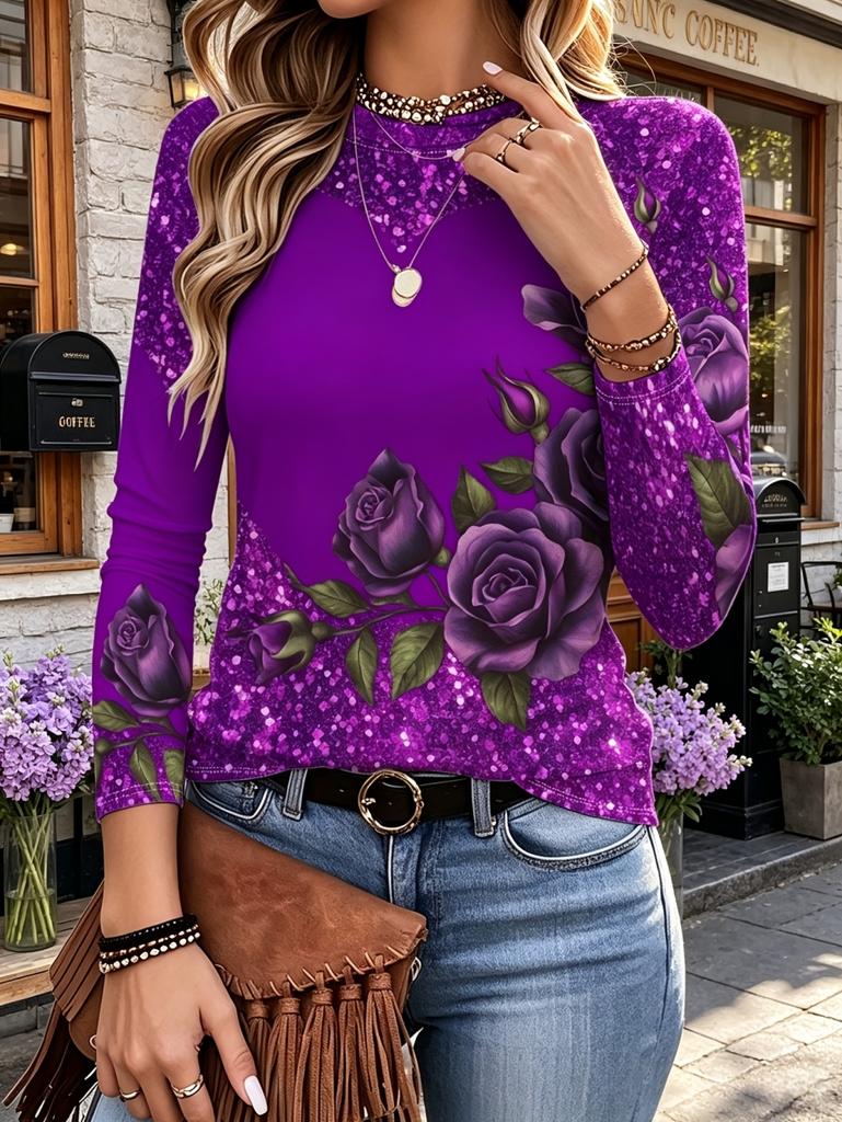 Women's T-Shirt Floral Graphic Plants Retro Long Sleeve O-Neck Pullover Regular Tops Daily 3D Print Autumn Tees Female Clothing