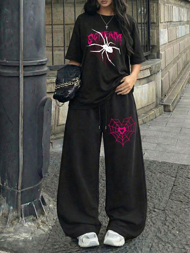 Amerikanischer Retro Street Trend Cool Buchstabendruck Kurzarm-T-Shirt Weite Hosen Set Damen Lässig Locker Sport Zwei Teile