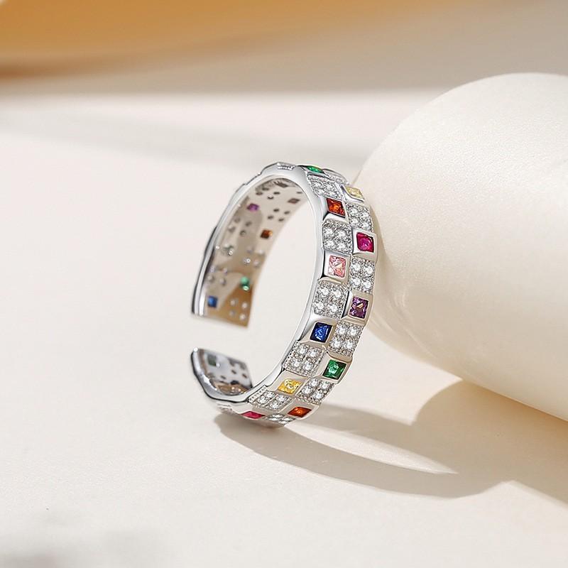 Chessboard Plaid Rainbow Ring Female Light Luxury Minority Design Ins Style Fashion Personality High-Grade Sense S925 Sterling Silver Ring