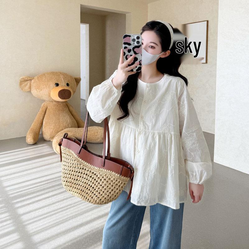 Chic Embroidered Maternity Doll Shirt - Spring/Autumn Loose Fit M