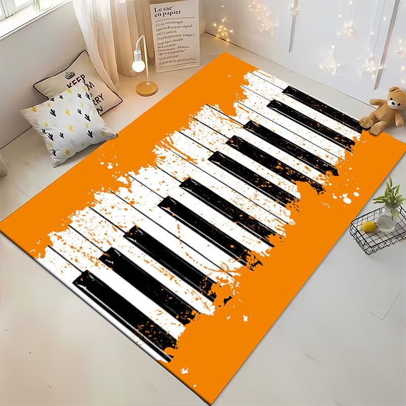 Artistic Rug with Black and White Piano Keys on Orange Background Suitable for use as an anti-slip game mat for living room and bedroom sofas