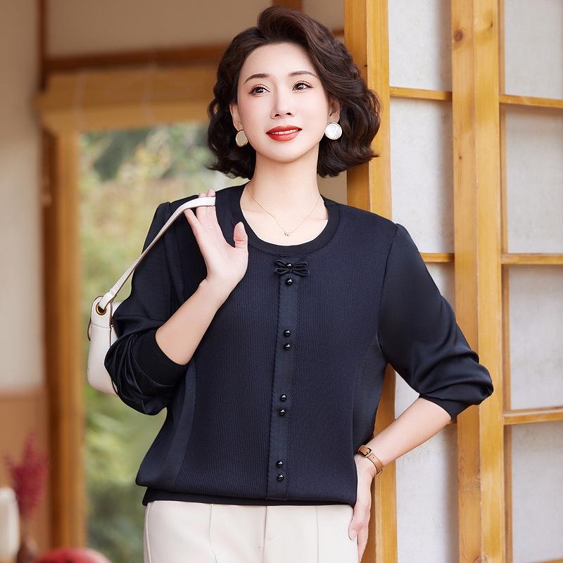 2026 Fashionable Long-Sleeve Knitted T-Shirt for Middle-Aged and Elderly Women