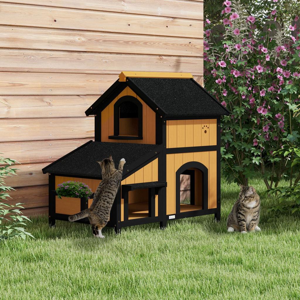 Holz-Katzenhaus mit Blumentopf, Fenstern, mehreren Eingängen, wasserdichtem Dach für den Außenbereich - Gelb