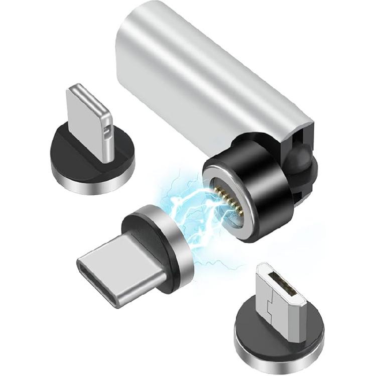 360°&180° Rotation Magnetic USB C Adapter 3 in 1 USB C Magnetic Adapter 3A Fast Charging QC3.0 480Mbps Data Transfer, Silver