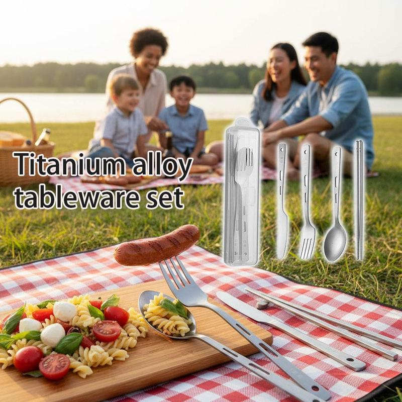 Lightweight Portable Titanium Tableware Set - Outdoor Camping Spoons Forks Chopsticks Western Food Knife Home Sanding Soup Spoon