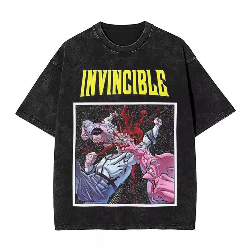 Summer Invincible Animation Mark Washed Vintage Tshirt Loose Fit Unisexs And Unisexs Trendy Printed Couple Short Sleeve Shirt
