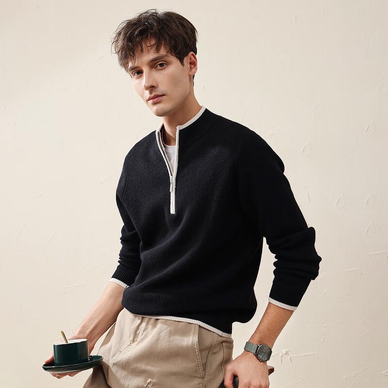 Commando Boca Herren Wollpullover mit halbem Reißverschluss und Farbblockmuster