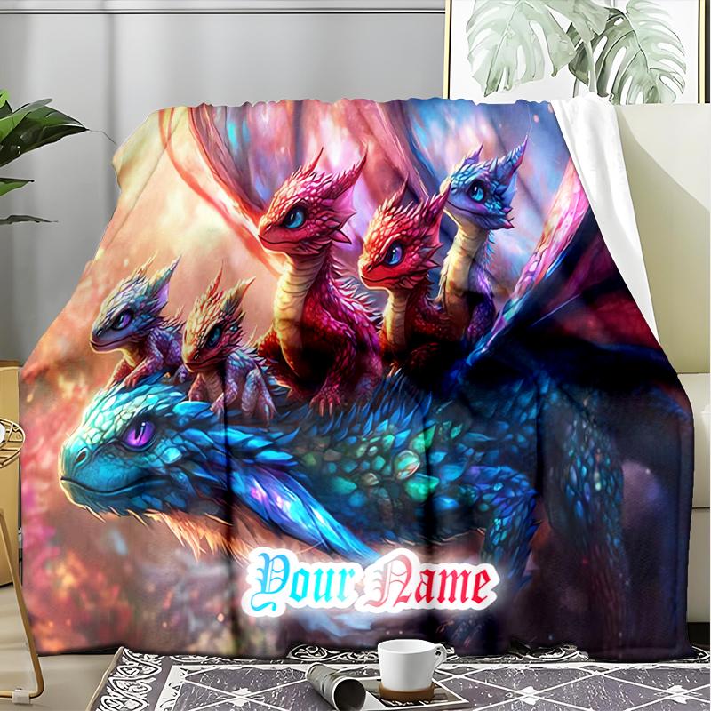 1PC Custom Name Fantasy Dragon Parade flannel blanket versatile,all-season throw suitable for the living room,bedroom,camping,travel,and gift