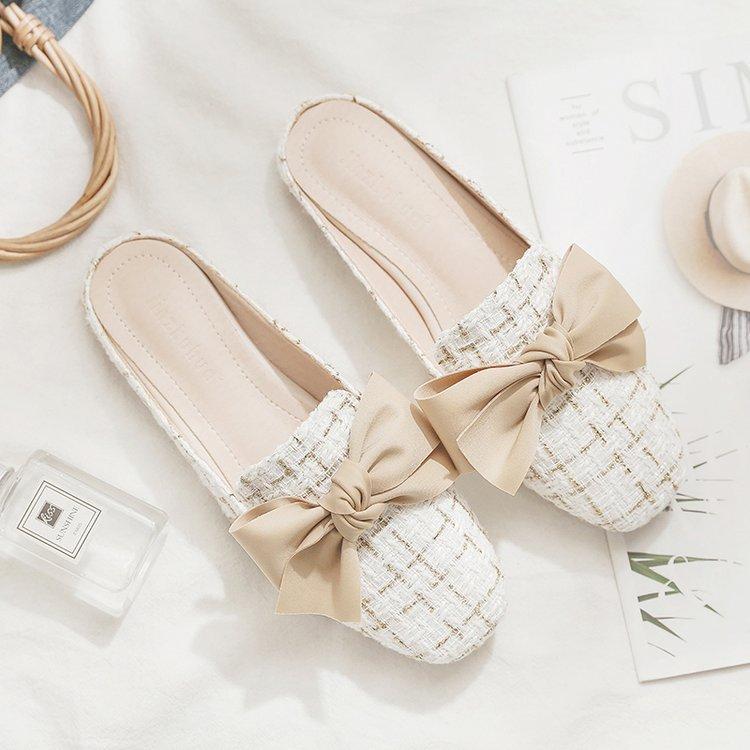 

Pearl bag head half slippers women s fashion bow flat muller shoes 2024 summer without heel lazy drag 35