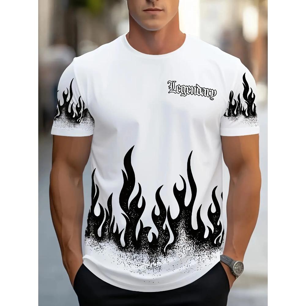 

Men s Summer Flame Print Casual T-Shirt - Round Neck Short Sleeve 2XS