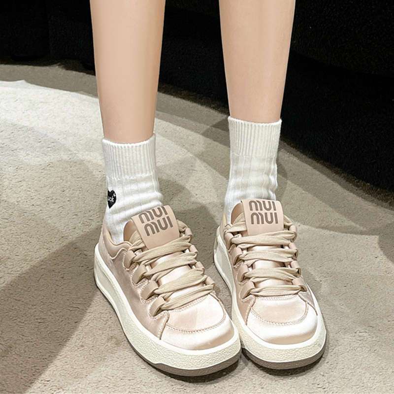 Fashion Spring Fashion Breathable Satin Casual Pink Sneakers 2025 New Style Women's Vulcanized Round Toe Thick Sole Lace Up Flat Shoes