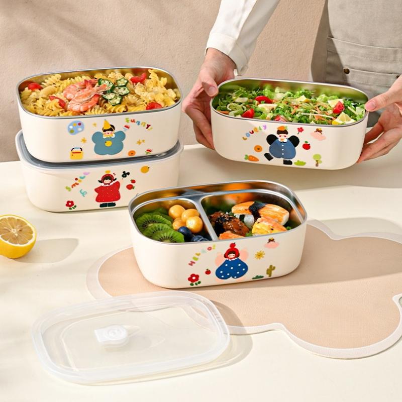 1Pcs Cartoon Pattern Heat Preservation Lunch Box Microwaveable Stainless Steel Partitioned Lunch Box For Student Office Use