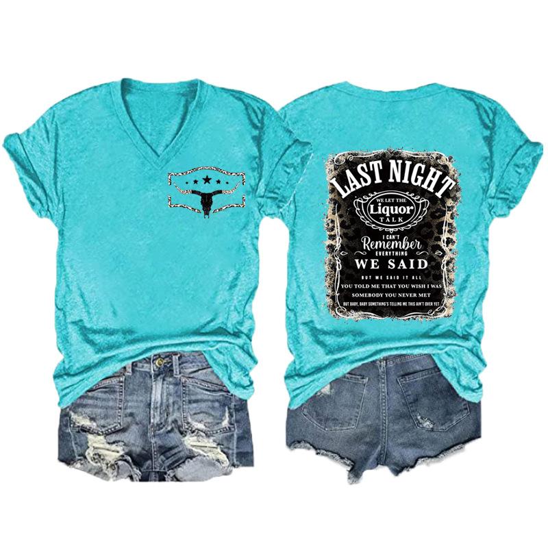 Women V‑Neck Short Sleeve T‑Shirt Double‑Sided Letter Print Casual Street Fashion Ladies Top S‑3XL