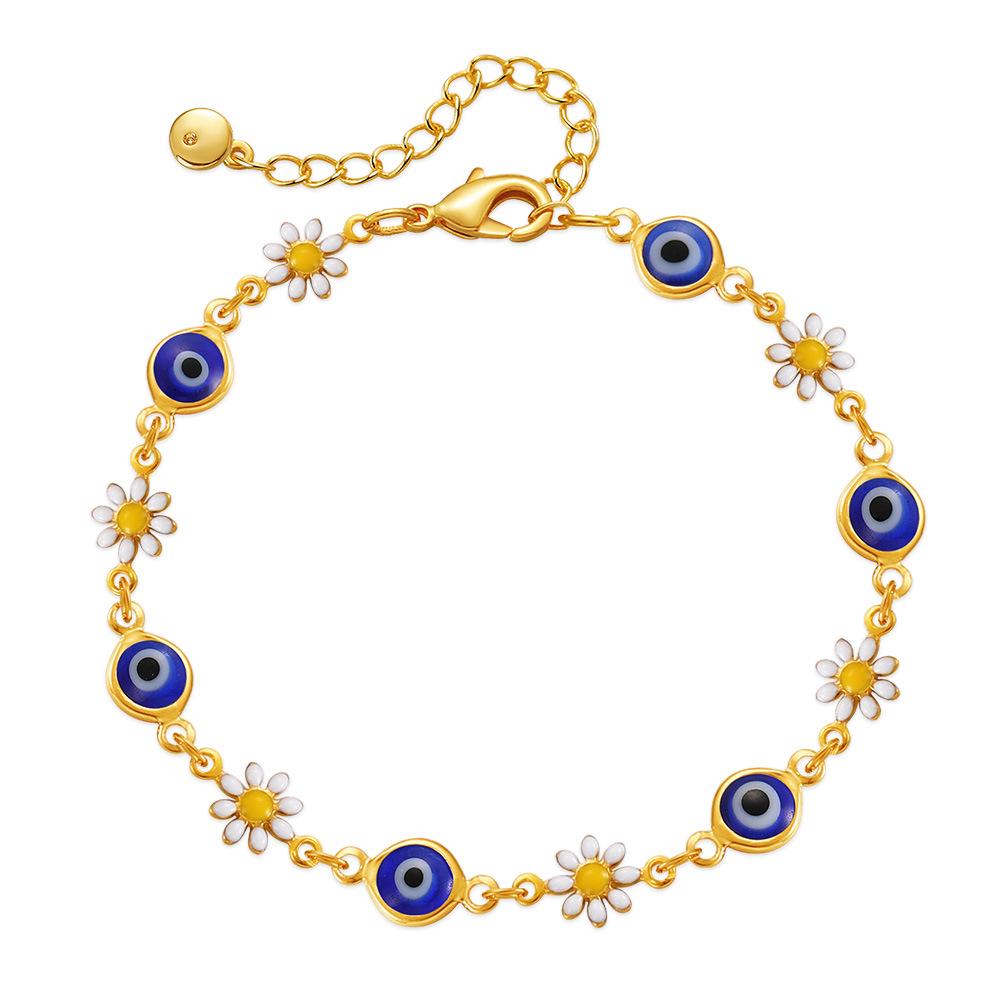 Multicolor Enamel Daisy Eyes Bracelet with Gold-Plated Brass Chain