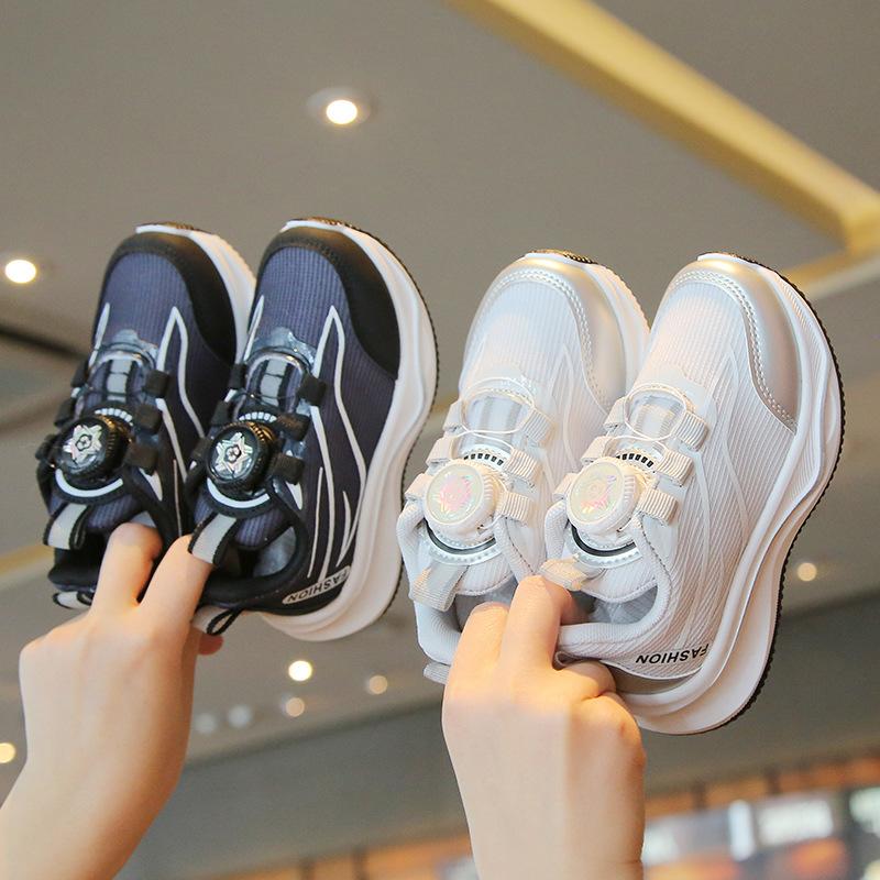 Kids Spring Autumn Rotary Button Sneakers White Boys Girls Soft Sole Running Shoes Baby Casual Mesh Shoes
