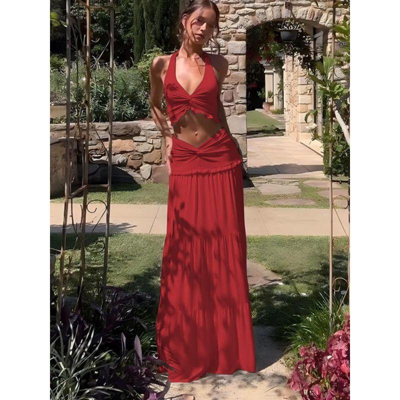 Fashion Style Sexy Sexy Fashion Suit Women's V Neck Halter Spaghetti Straps Vest High Waist Stitching Long Skirt Two-piece Set