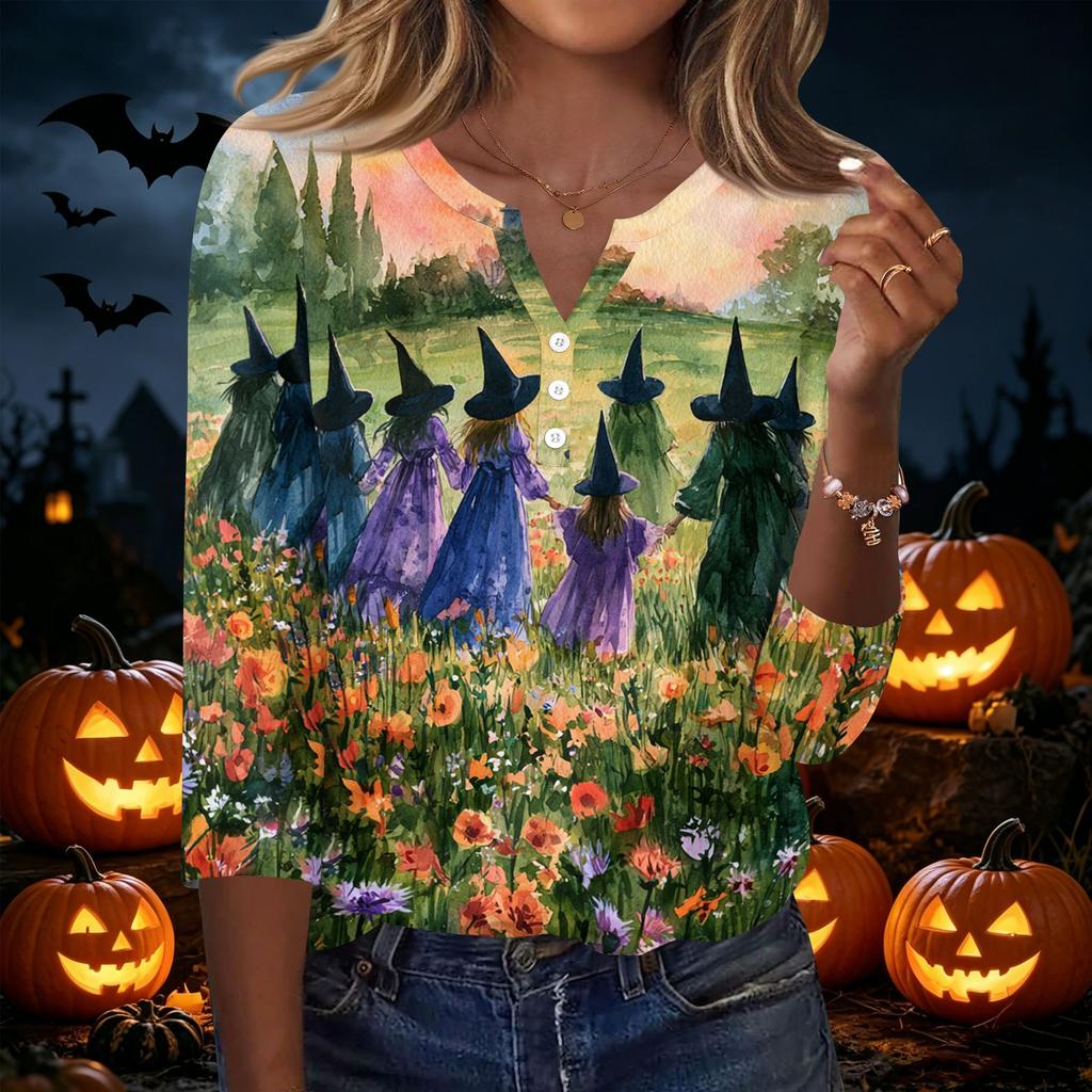 Damen Casual Halloween Print 3/4 Ärmel T-Shirt Top