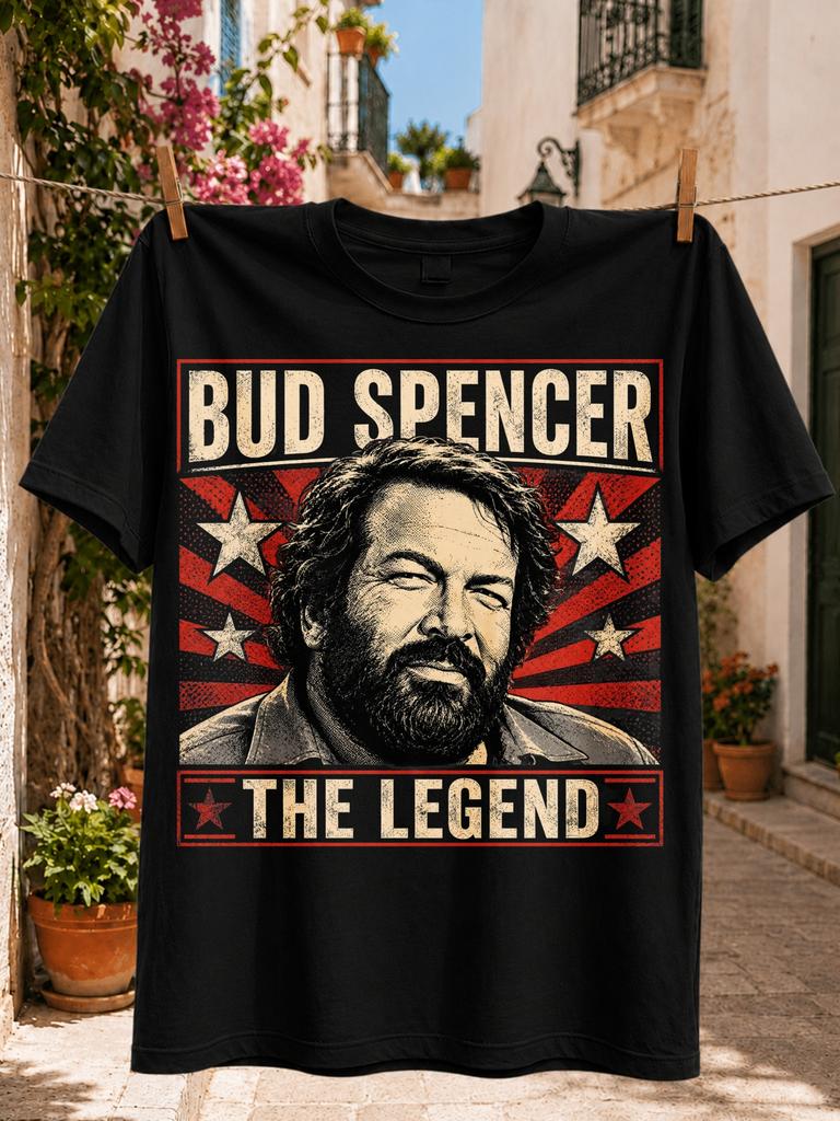 Grafica Vintage con Ritratto di Bud Spencer che Ammicca Raggi Rossi Stelle E La Leggenda Stampa Frontale T-shirt Unisex Tutte le T-shirt
