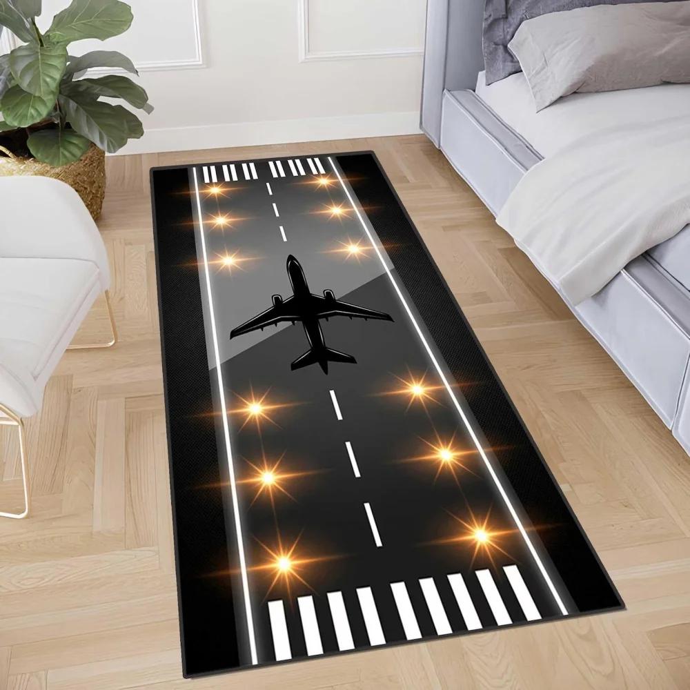 Runway Rug Airplane Design Long Runner Rug Non Slip Washable Kitchen Mat Blue Yellow Plane Hallway Carpet