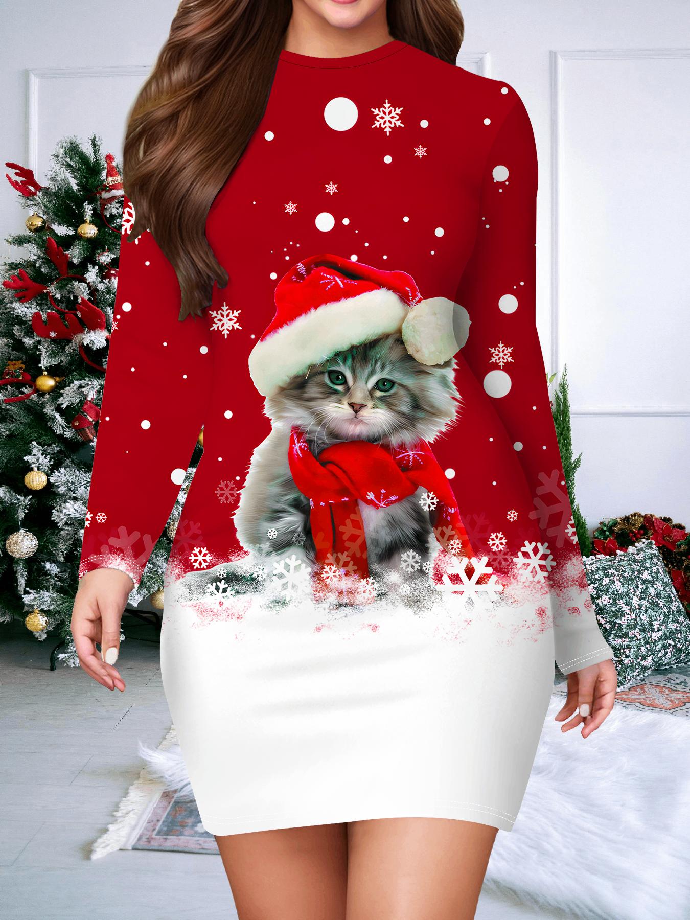 

2025 Осень и Зима Новое Женское Платье в Облипку, 3D Рождественская Печать и Крашение Женская Мода Длинный Рукав Круглый Вырез Сексуальное Платье в Облипку XXL белый