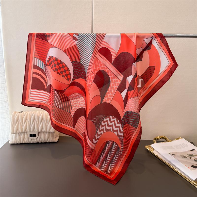 Fashion Luxury 70cm Square Silk Women's Scarf Geometry Printed Satin Scarves Daily Outfits Shawl Designer Headband Bandana