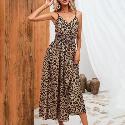 Women's Fashion Summer Spring Leopard Print Sleeveless V-Neck High Waist Casual Dresses