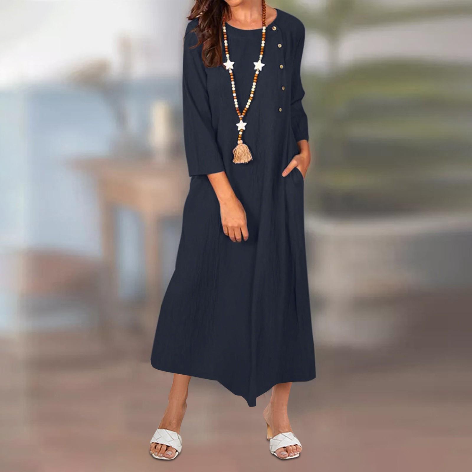 

Женское модное однотонное винтажное хлопково-льняное длинное платье с круглым вырезом и карманами на пуговицах и длинными рукавами XXL темно-синий