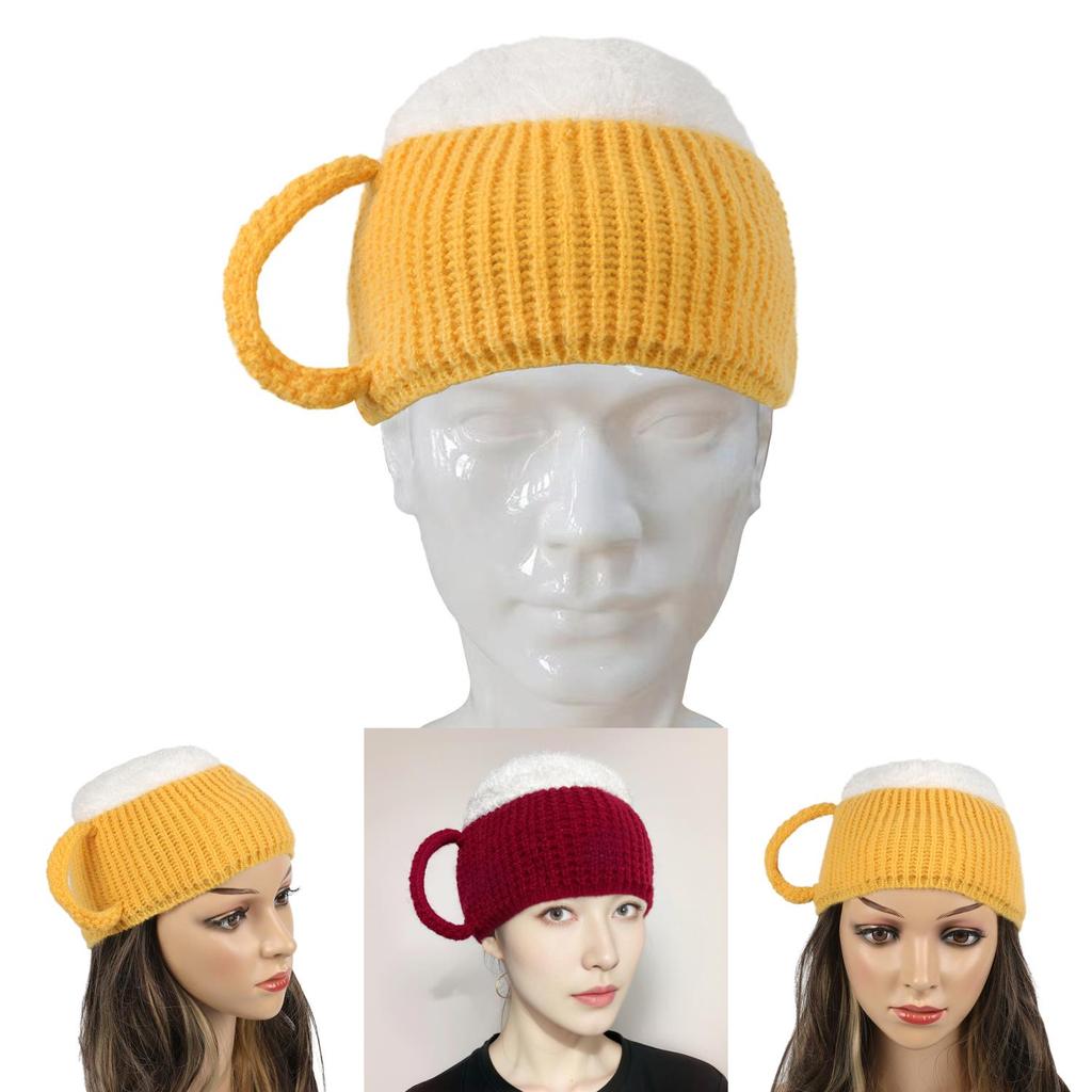 Trendy 3d Beer Cup Knitted Beanie Hat For Winter Warmth In Yellow Wine Red And Khaki