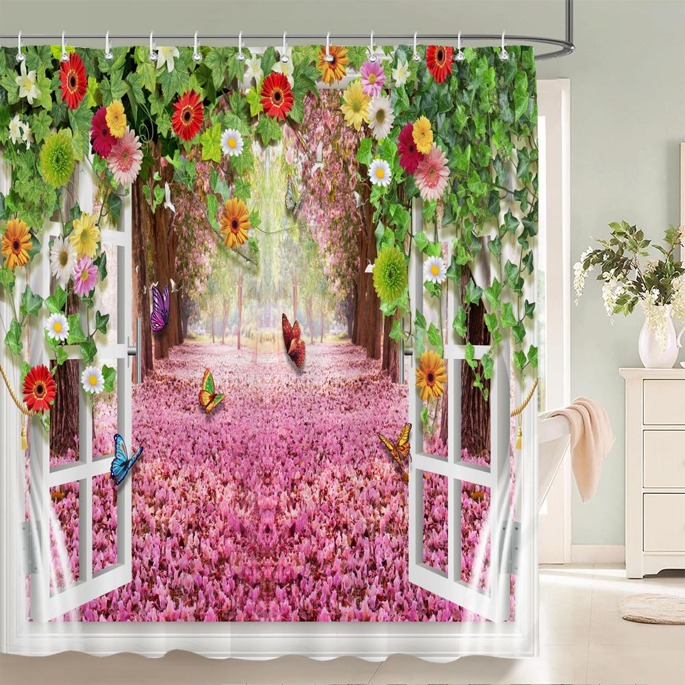 Flower Scenery In Rural Towns Printed Shower Curtain 3D Street Window Flower Landscape Printed Home Decoration Bathroom Curtain