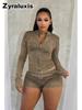 New Arrival Women's Punk Style Distressed Elastic High-Waisted Zip Open Shorts Set Long Sleeve Denim Outfit
