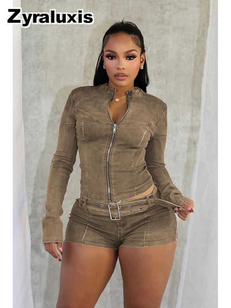 New Arrival Women's Punk Style Distressed Elastic High-Waisted Zip Open Shorts Set Long Sleeve Denim Outfit