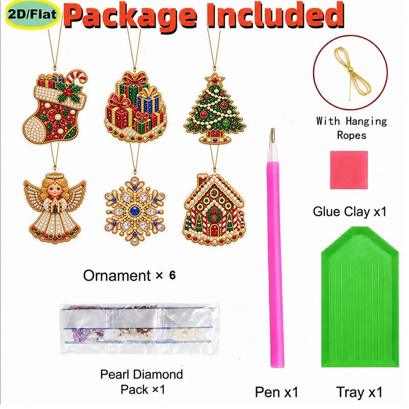 2D Flat 12Pcs DIY Acrylic Pearl Diamond Painting Christmas Ornaments Kit, Tree Hanging Decorations with Stocking, Gift Box, Angel, Nativity Scene